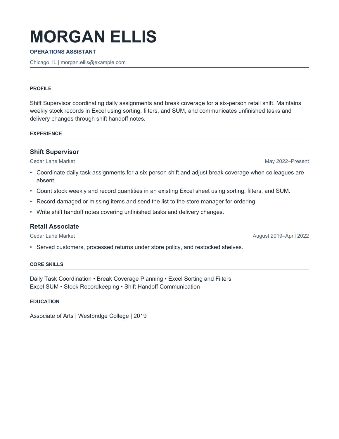 Complete Classic resume for fictional applicant Morgan Ellis